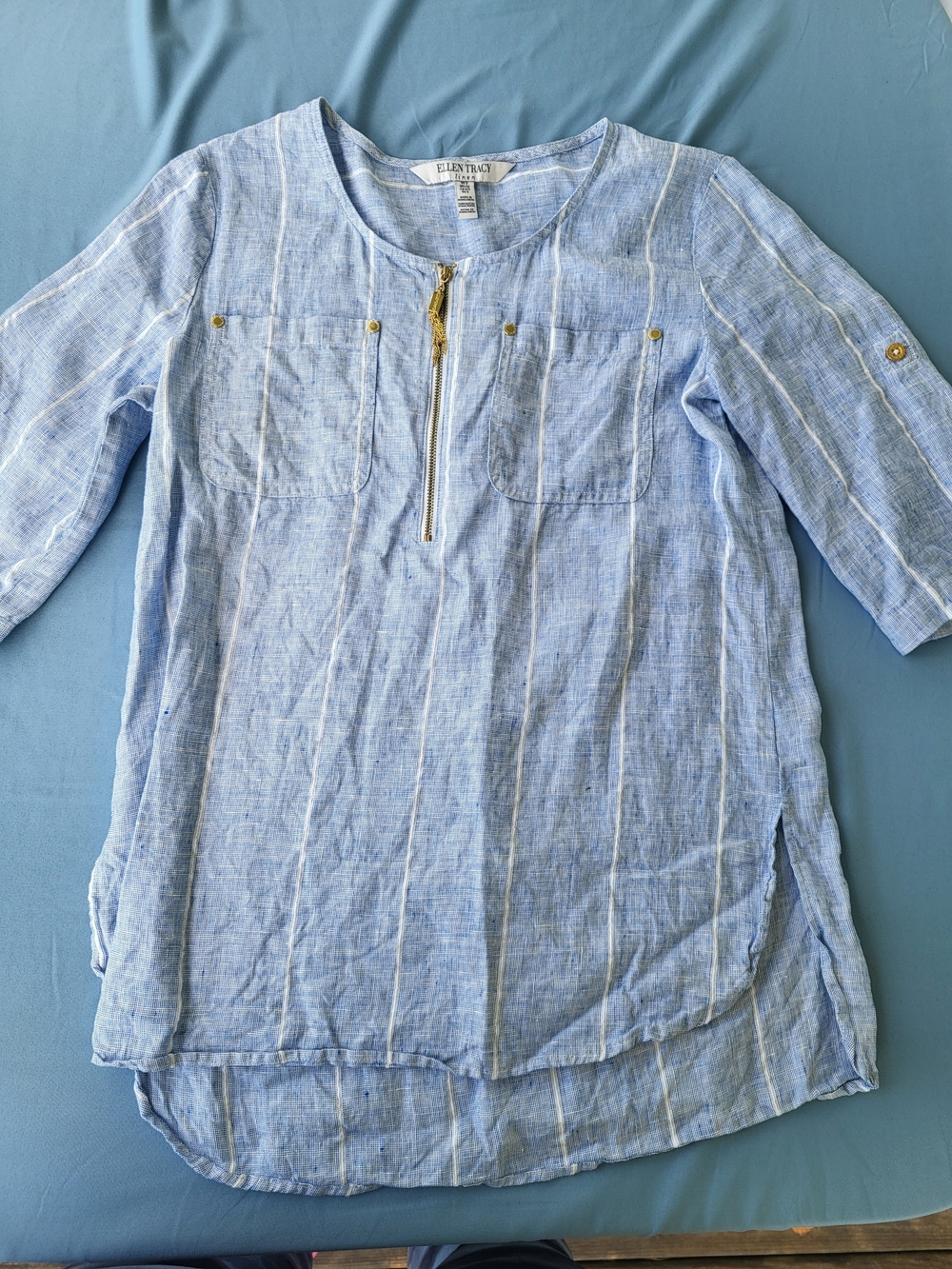 Ellen Tracy Light Blue Pinstripe Half-Zip Tunic Blouse